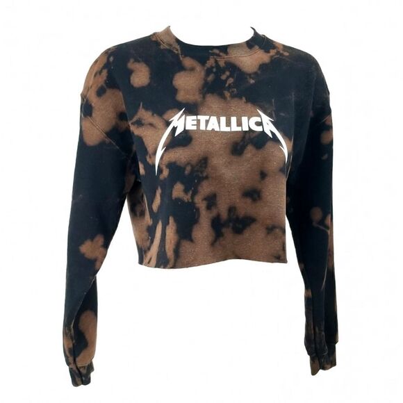 METALLICA Acid Wash, Distressed Cropped Crop Top Long Sleeve Crewneck Sweatshirt - Picture 2 of 5